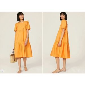 Peter Som Cotton Peach Marigold Midi Dress Cottagecore Puffy Sleeves Size 4